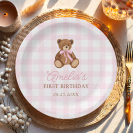 Prato De Papel Pink Gingham Teddy Bear Beary First Birthday
