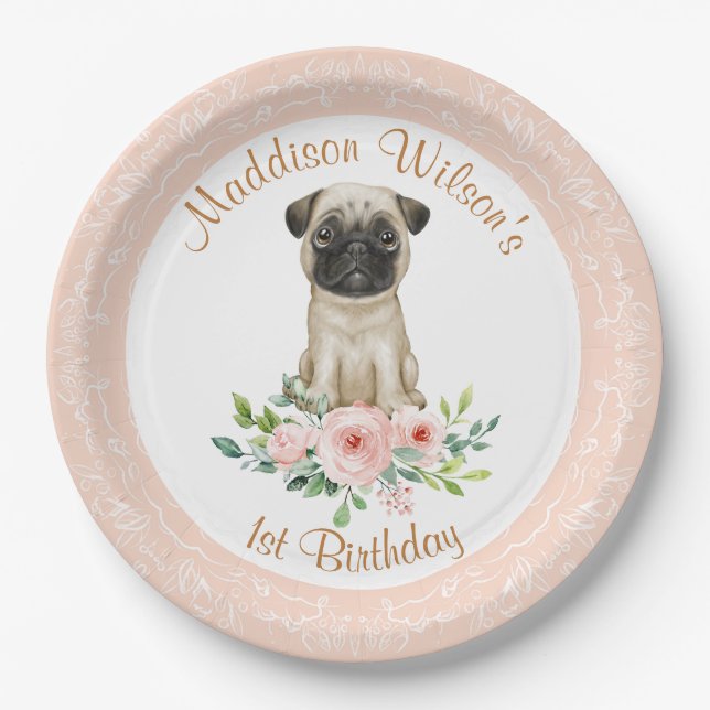 Prato De Papel Pink Girl Pug Birthday Papel Placa (Frente)