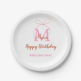 Prato De Papel Pink glitter bow add name letter monogram birthday