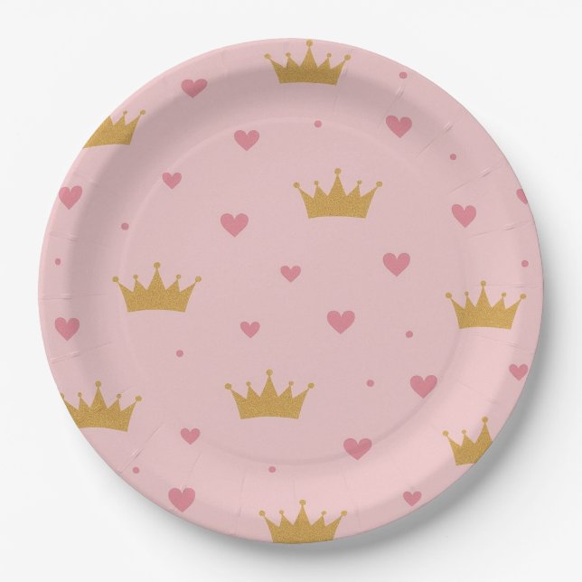 Prato De Papel Pink & Gold Princess Pattern Paper Plate (Frente)