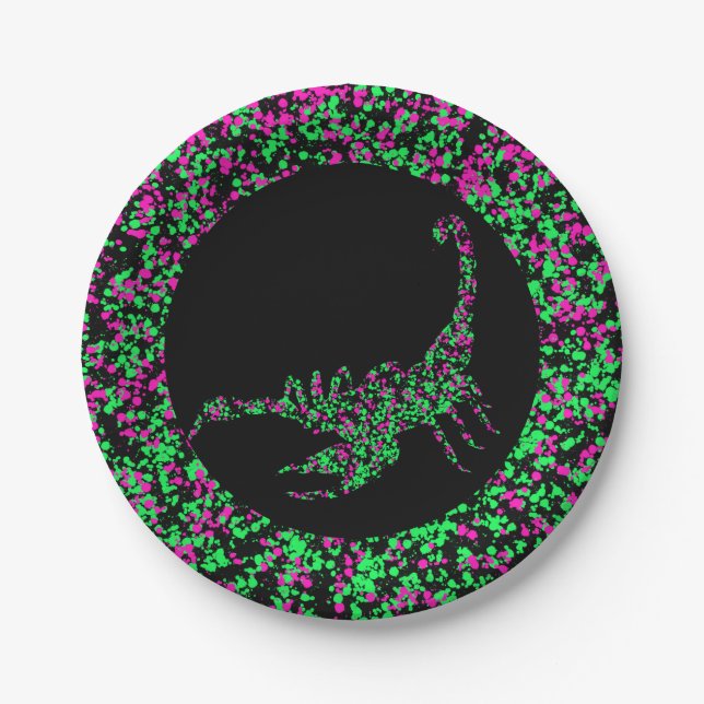 Prato De Papel Pink Green Scorpian Splattered Paint (Frente)