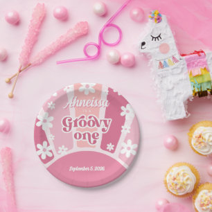 Prato De Papel Pink Groovy One Retro Rainbow Daisy Primeiro Anive