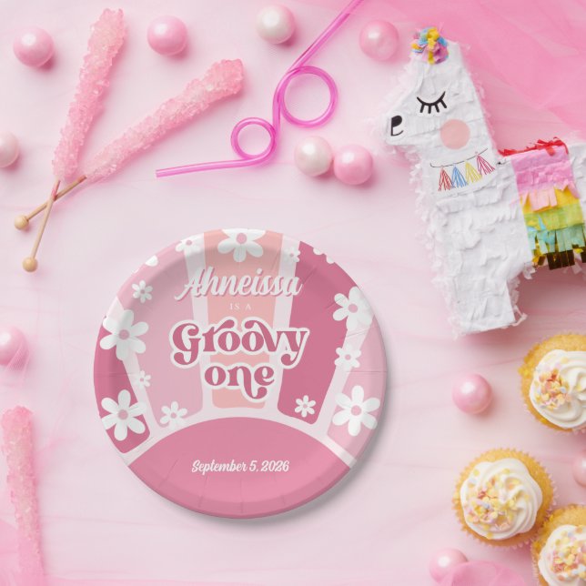 Prato De Papel Pink Groovy One Retro Rainbow Daisy Primeiro Anive (Festa)