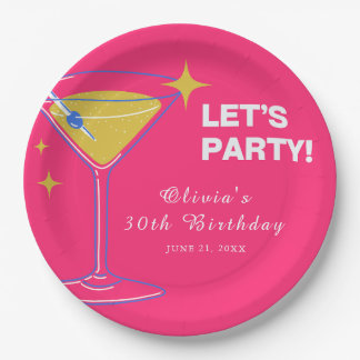 Prato De Papel Pink Minimalist Cocktail 30th Birthday Paper Plate