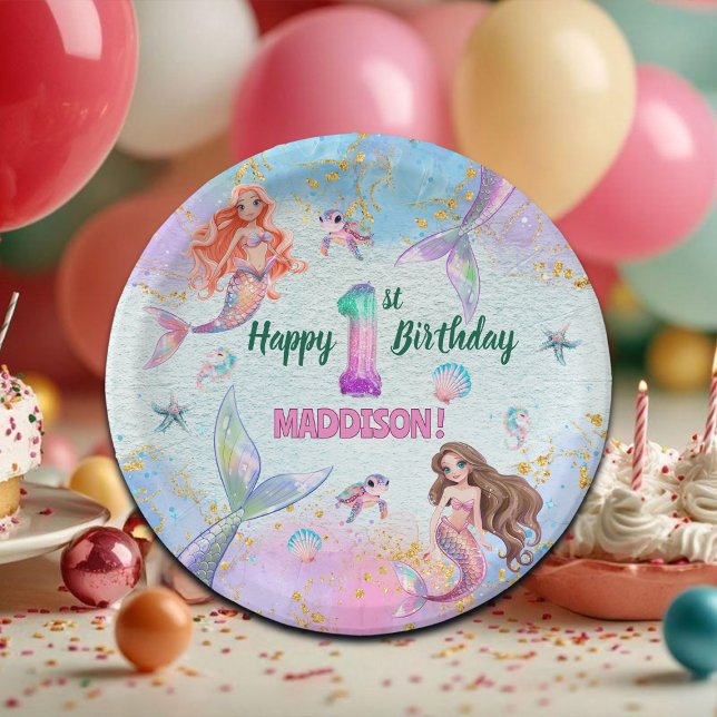 Prato De Papel Pink Purple Glitter Mermaids 1st Birthday Party (Criador carregado)