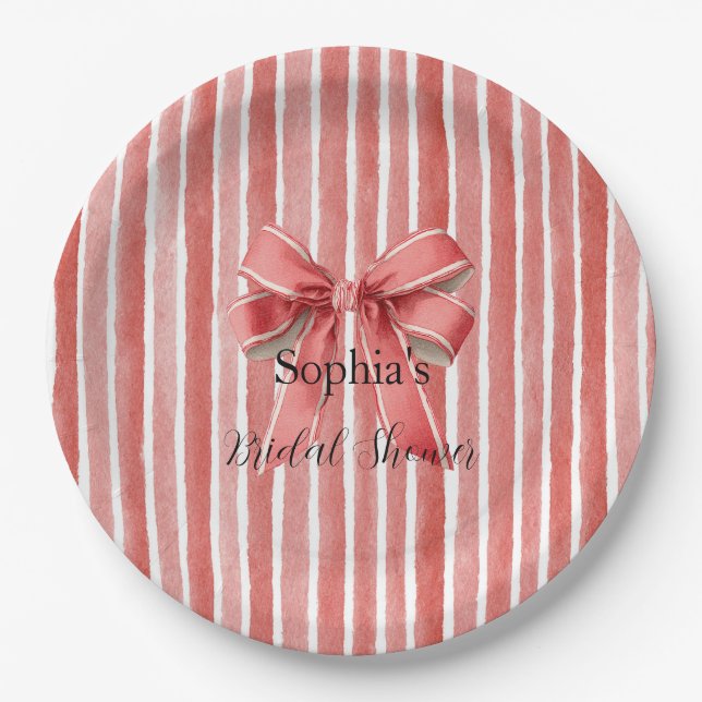 Prato De Papel Pink Red Candy Cane Stripes Bow Bridal Shower (Frente)