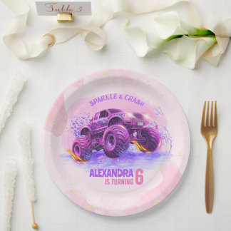 Prato De Papel Pink Sparkle and Crash Monster Truck Girl Birthday