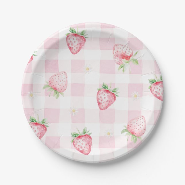 Prato De Papel Pink Strawberries Gingham Berry First 1st Birthday (Frente)