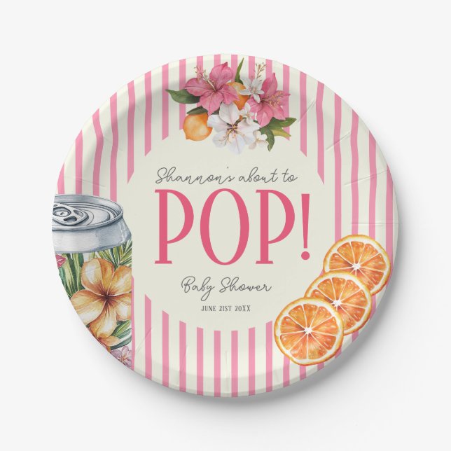 Prato De Papel Pink Stripe Citrus POP Baby Shower Plates (Frente)