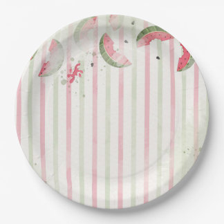Prato De Papel Pink Striped Watermelon First Birthday Party Invit