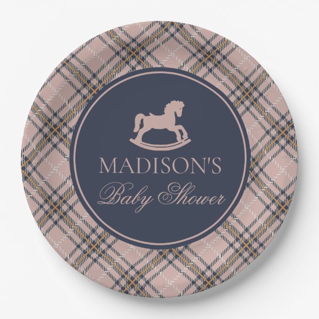 Prato De Papel Pink Tartan Plaid Rocking Horse Baby Shower (Frente)