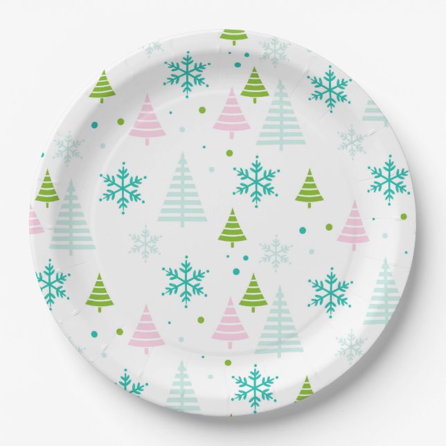 Prato De Papel Pink Teal Green Trees Modern Christmas  (Frente)