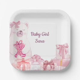 Prato De Papel Pink Teddy Bear Baby Shower Party Plate