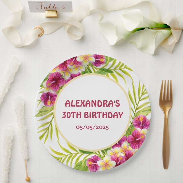 Prato De Papel Pink Tropical Luau Floral Birthday Party (Casamento)