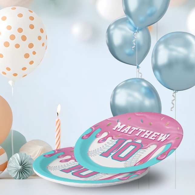 Prato De Papel Pink & Turquoise Baseball Drip Birthday Party (Pink baseball ice cream drip party paper plates)