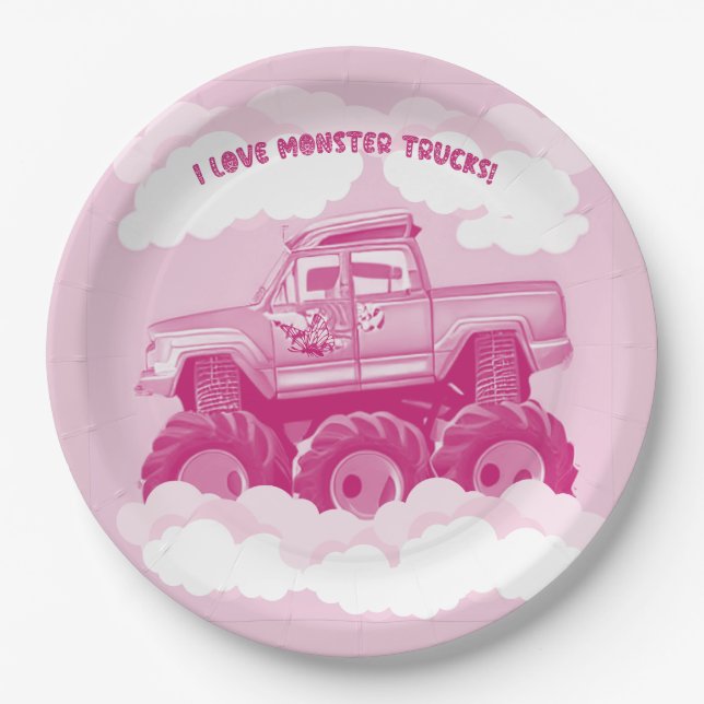 Prato De Papel Pink Version I Love Monster Trucks Image     (Frente)