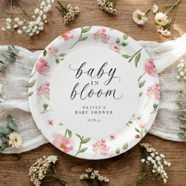 Prato De Papel Pink Watercolor Floral Garden Baby in Bloom Shower