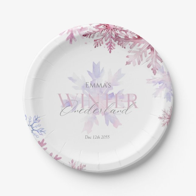 Prato De Papel Pink Winter Wonderland Snowflake First Birthday  (Frente)