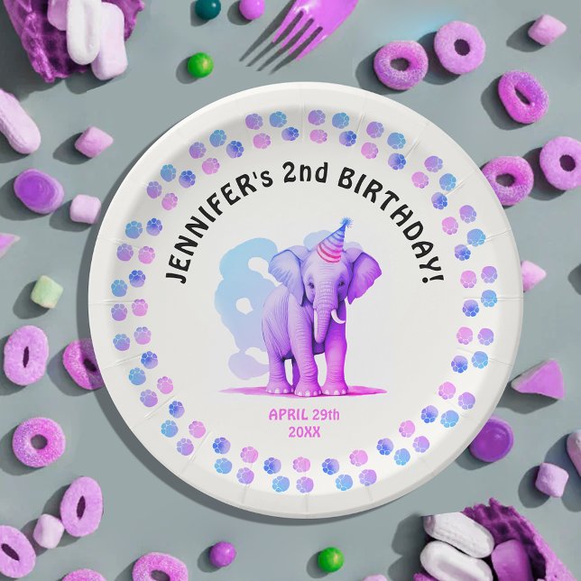 Prato De Papel Pintura Animal Da Selva De Elefante Roxo Rosa (Criador carregado)