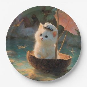 Prato De Papel Pintura de Gatinho Branco Fofinho Navegando em Coc