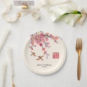 Prato De Papel Pintura de tinta chinesa flores pássaros casamento