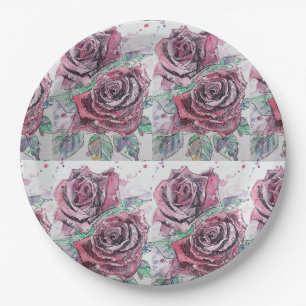 Prato De Papel Pintura em aquarela com padrão de flor de rosa ver