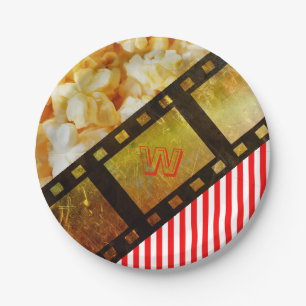 Prato De Papel Pipoca e rolo de filme dourado preto vermelho bran