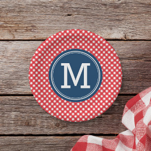 Prato De Papel Piquenique Red Gingham Personalize Monograma