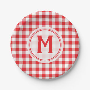 Prato De Papel Piquenique Rustic Red Gingham Family Monograma
