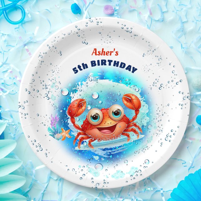 Prato De Papel Piscina de caranguejo Verão (Crab Pool Kids 1st Birthday Party Boy Custom Age Paper Plates)