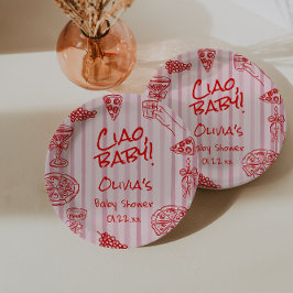 Prato De Papel Pizza Desenhada à Mão Chá de fraldas Vermelho Rosa