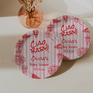 Prato De Papel Pizza Desenhada à Mão Chá de fraldas Vermelho Rosa