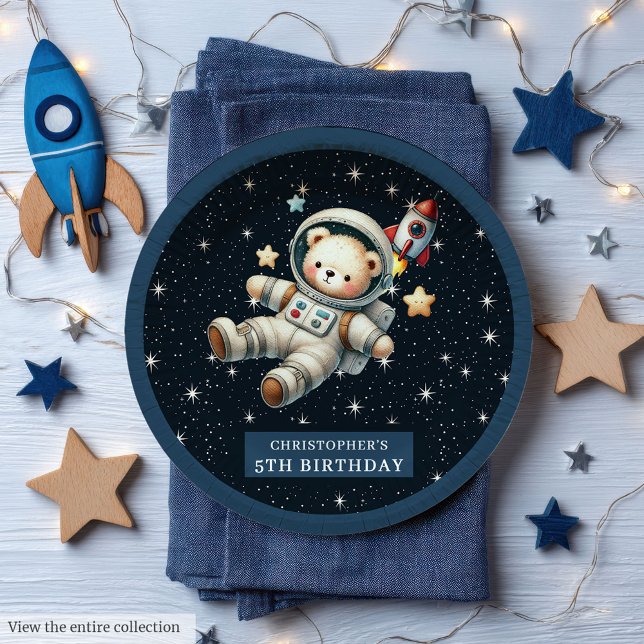 Prato De Papel Placa de Aniversário do Urso Espacial para Menino  (Space Bear Birthday Plate for Little Astronaut Boy)