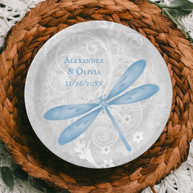 Prato De Papel Placa de Cabelo de Dragonfly Azul (Blue Dragonfly Wedding Paper Plate)