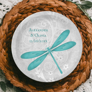 Prato De Papel Placa De Casamento De Dragonfly Teal