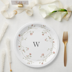 Prato De Papel Placa de Casamento de Sage e Blush de Monograma Pe
