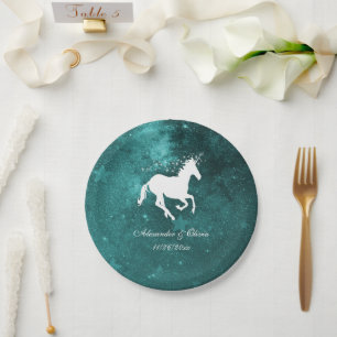 Prato De Papel Placa de Casamento Teal Unicorn