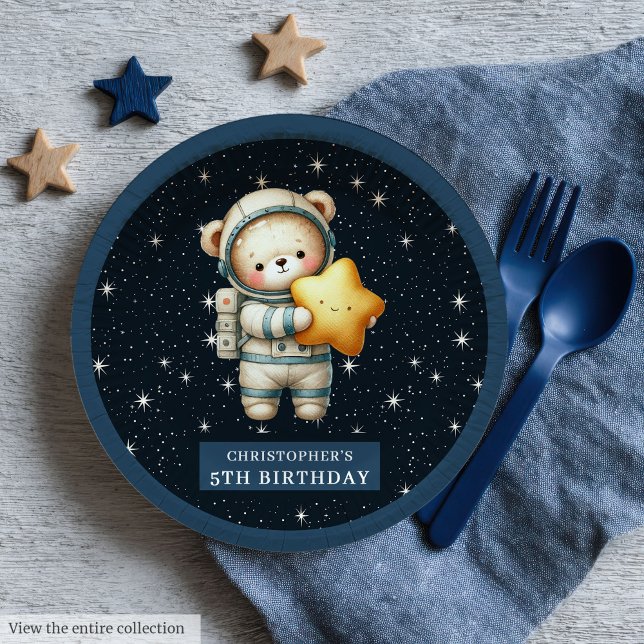 Prato De Papel Placa de Celebração do Astronauta do Urso de Teddy (Teddy Bear Astronaut Baby Shower Celebration Plates)