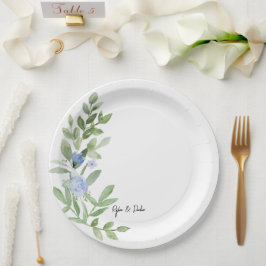 Prato De Papel Placa de Chá de casamento Floral Azul Personalizad