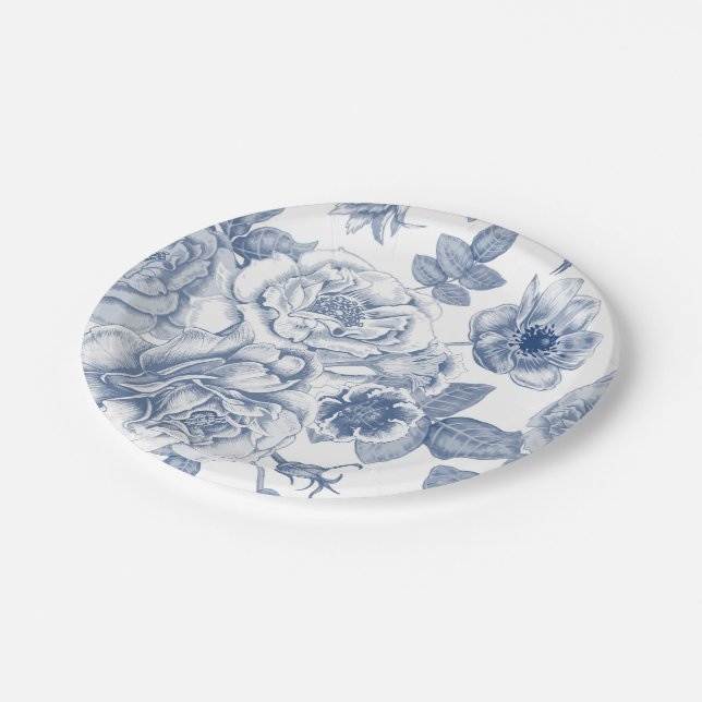 Prato De Papel placa de padrão floral branco elegante azul (Inclinado)