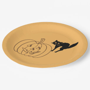Prato De Papel Placa de papel - Abóbora e Gato Preto