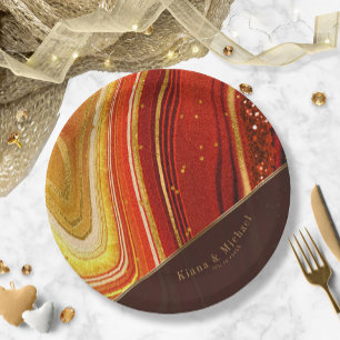 Prato De Papel Placa de papel Abstrato Agate Wedding Hot Orange I