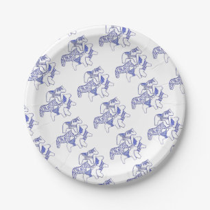 Prato De Papel Placa de papel azul e branco Dala em cavalos