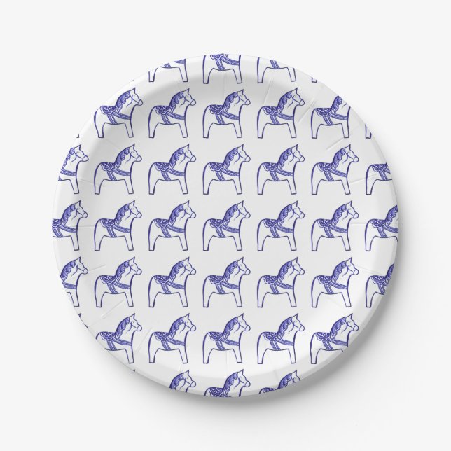 Prato De Papel Placa de papel azul e branco Dala em cavalos (Frente)