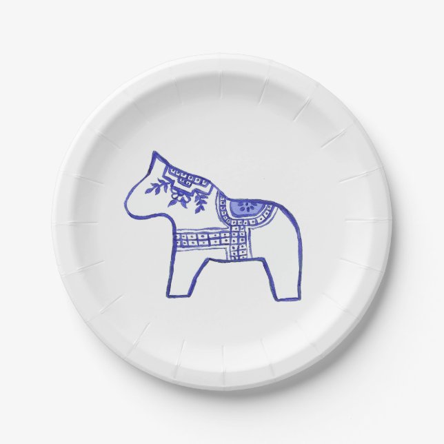 Prato De Papel Placa de papel azul e branco Dala em cavalos (Frente)