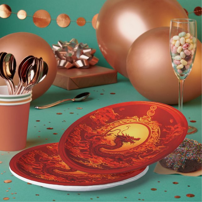 Prato De Papel placa de papel cor vermelha com dragões design (Múltiplo)