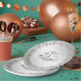 Prato De Papel Placa de papel de 25 de aniversário de prata flore