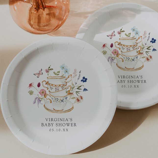 Prato De Papel Placa de papel de Chá de fraldas flexível (Floral Decor Tea Party Baby Shower Paper Plate with Butterfly by Painted Paperie
)