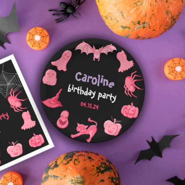 Prato De Papel Placa de papel de festa de aniversário de Hallowee (Pink black Halloween birthday party Paper Plate
)
