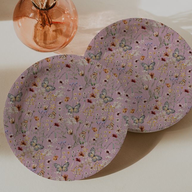 Prato De Papel Placa de Papel de Flor Selvagem Rosa (Dusty Pink Wildflower Butterflies Paper Plates by Painted Paperie
)
